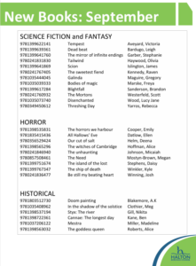 New Book List September Science Fiction, Horror and Historical