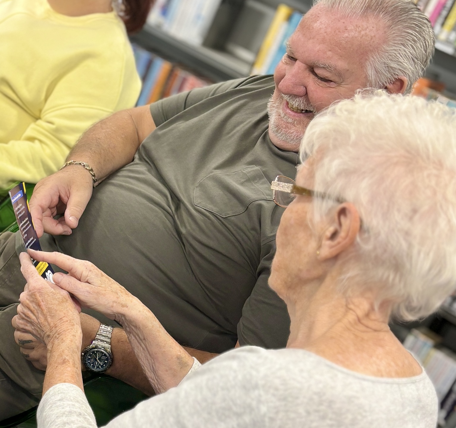 Health and Wellbeing Two library users enjoying their time at the library